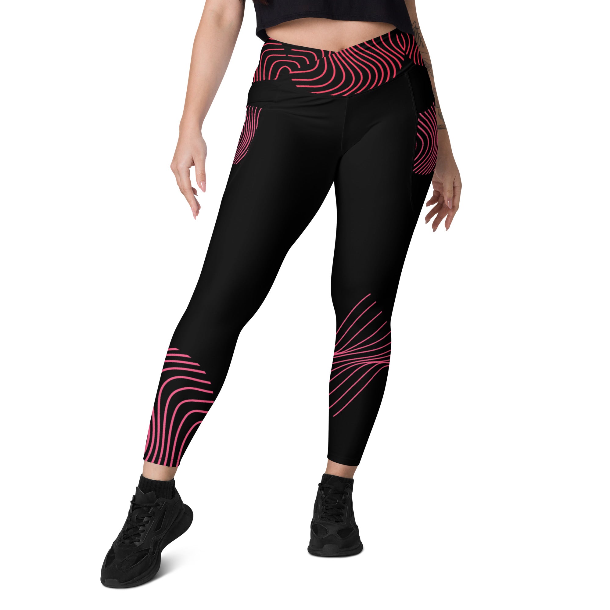 Black crossover leggings with pockets- activewear for gym girls. Fitness or yoga pants. RippleFX by WickedYo.